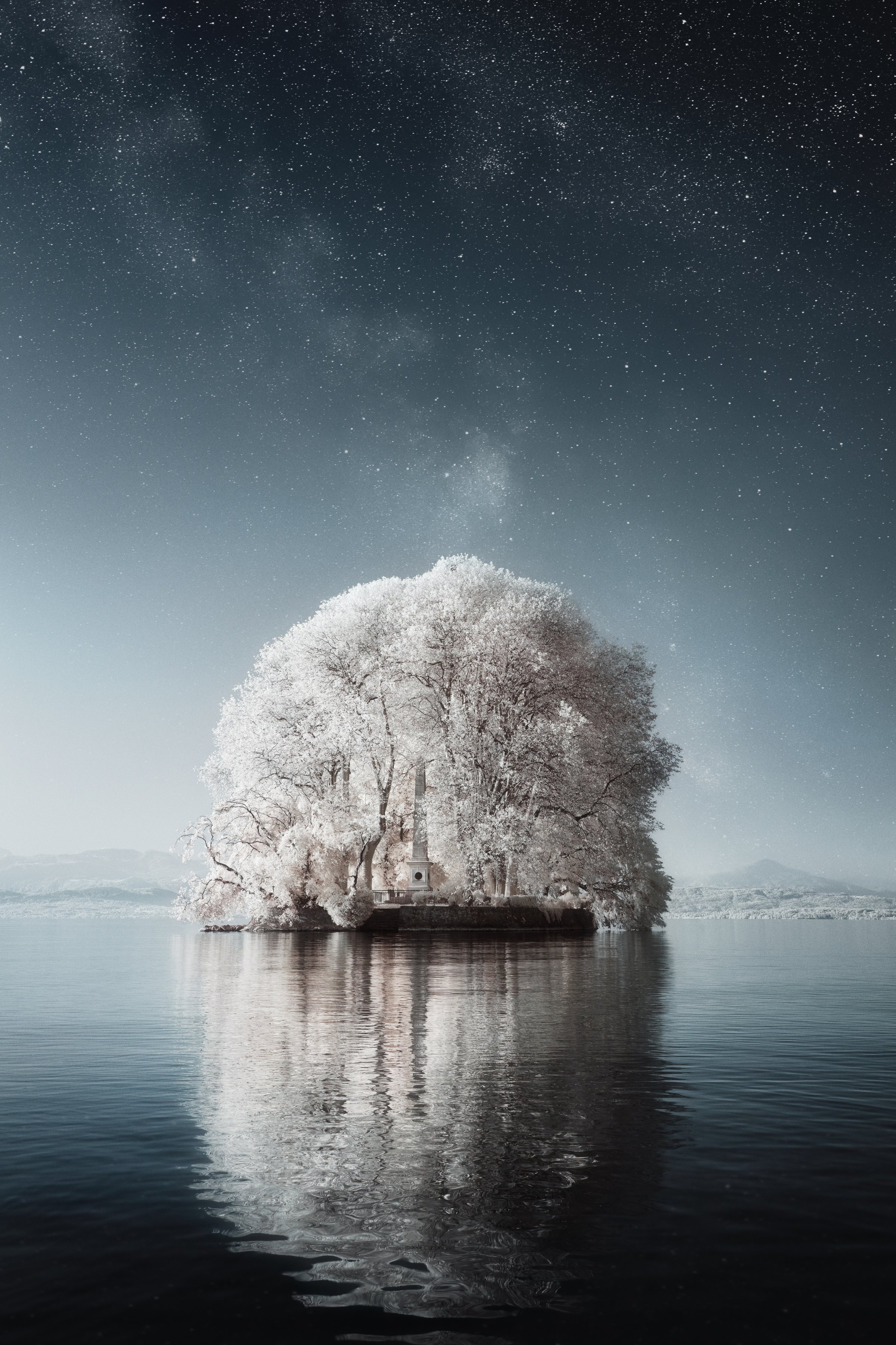Arbre solitaire d’un blanc éclatant sur un petit îlot au milieu d’un lac calme sous un ciel étoilé. Photographie infrarouge Lumina – Jonas Hangartner.
