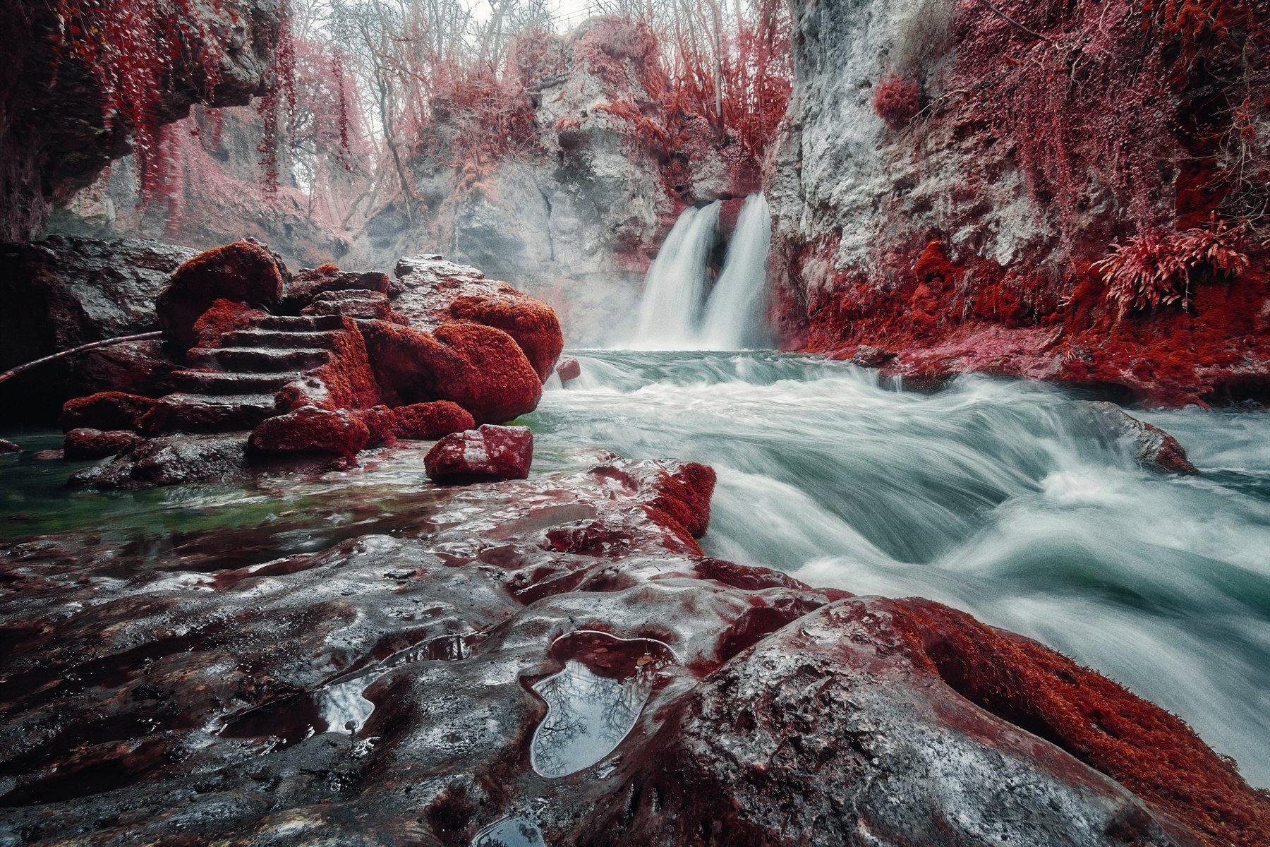 Cascade de la Tine de Conflens en photographie infrarouge, entre roches sombres, eau vive et végétation rouge.