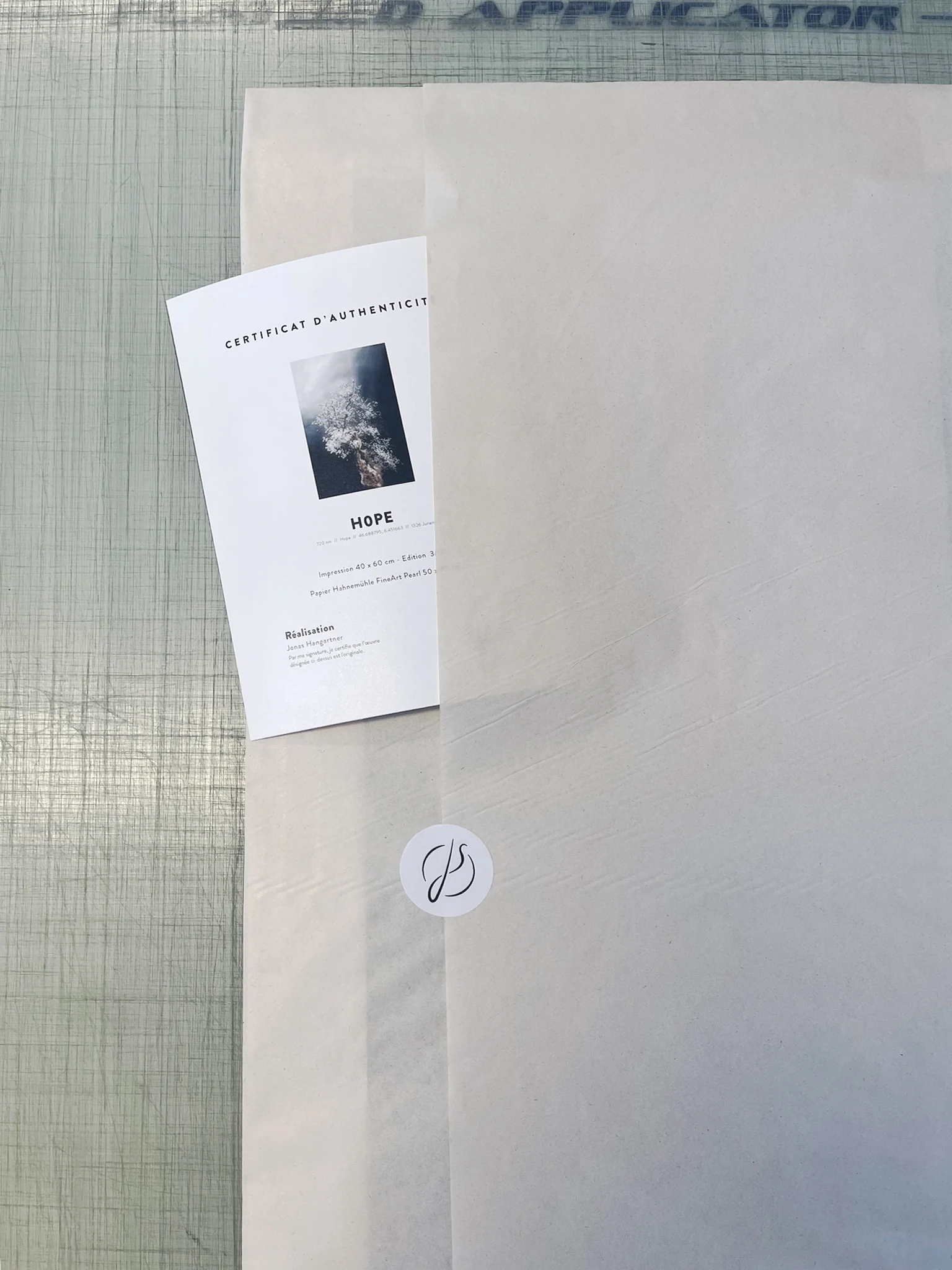 A certificate of authenticity prepared with a fine art print